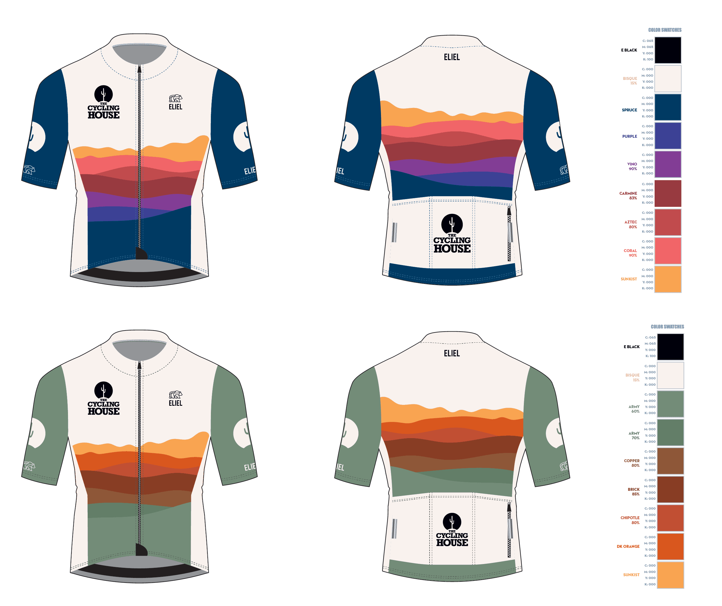 Front and back Desert Sunset jersey concepts with approved color swatches