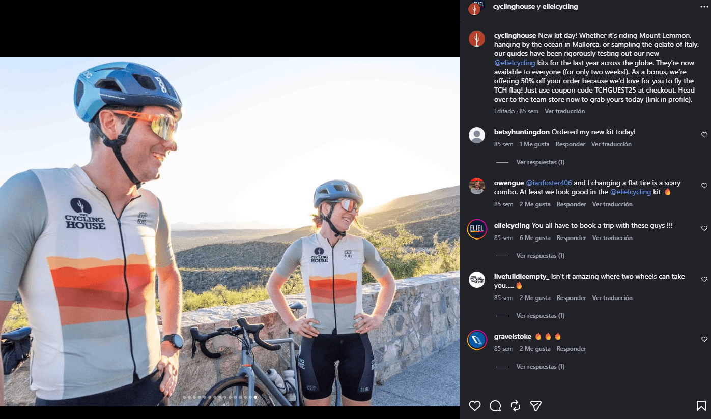 The Cycling House and Eliel Instagram launch post with riders in the new kits and community responses