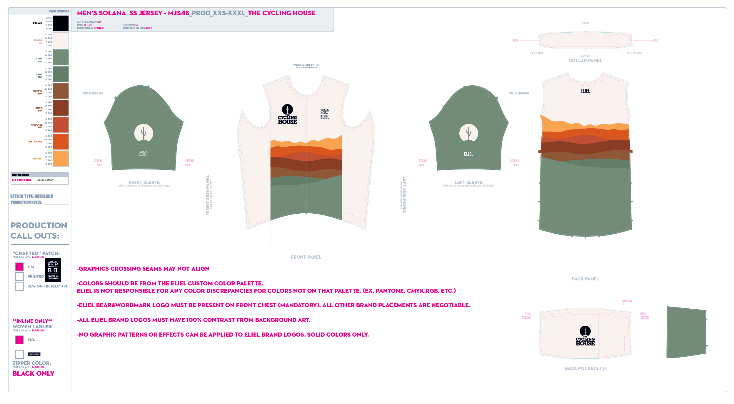 Green Cycling House production panels with front, back, sleeves, collar, pockets and color specifications