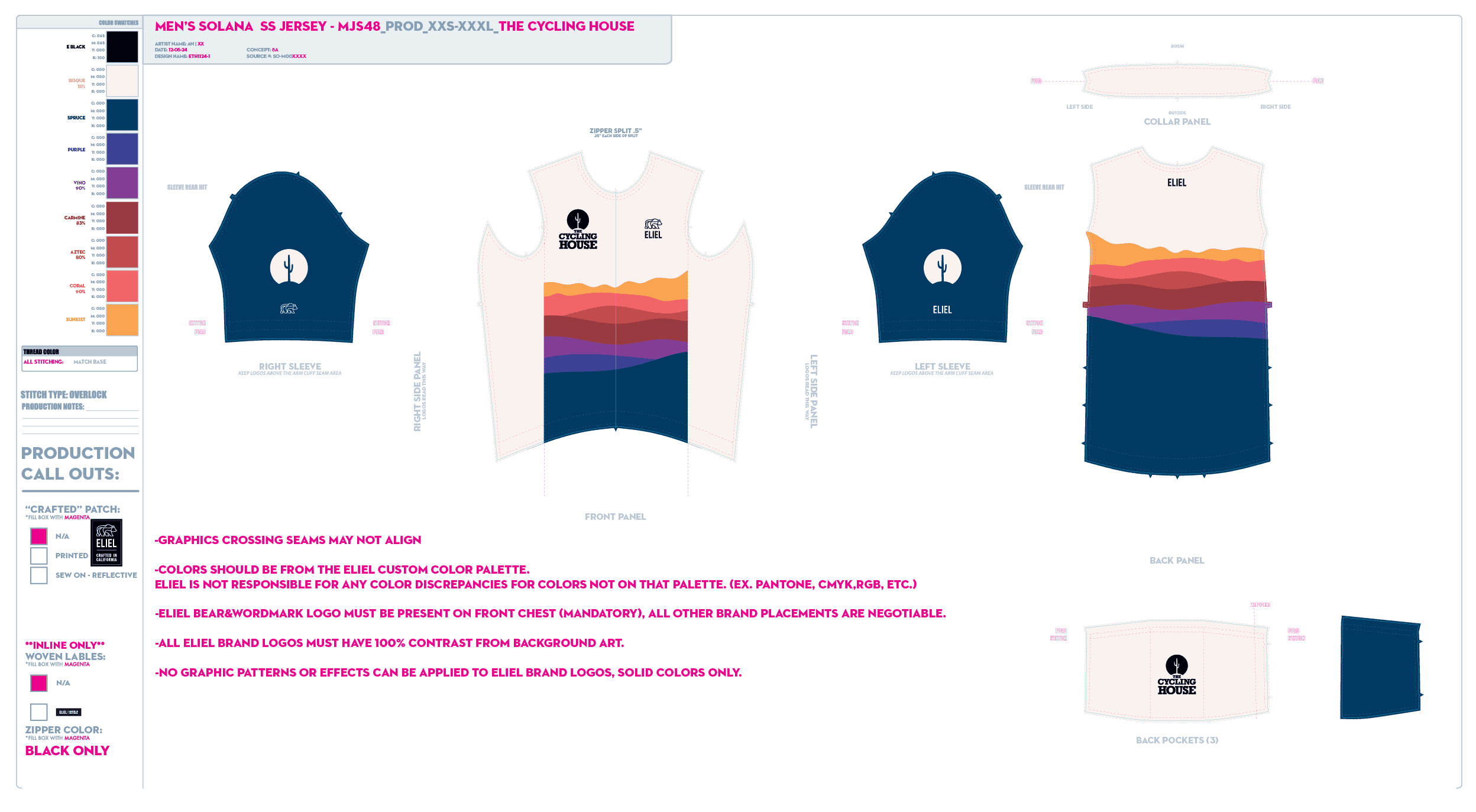 Navy Cycling House production panels with front, back, sleeves, collar, pockets and color specifications