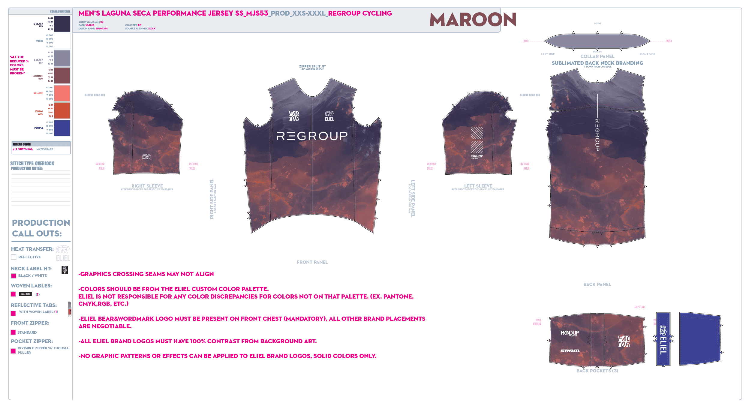 Maroon Regroup production artwork showing front, back, sleeves, collar, pockets, approved colors, and production notes