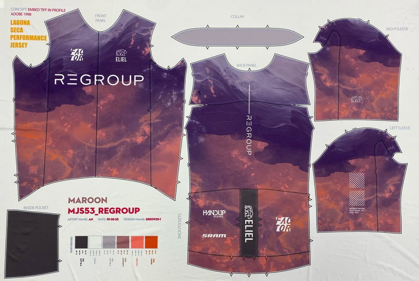 Maroon Regroup fabric test print showing the full front, back, sleeves, collar, pocket, and color swatches