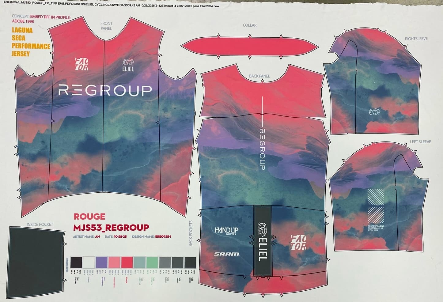 Rouge Regroup fabric test print showing the full front, back, sleeves, collar, pocket, and color swatches