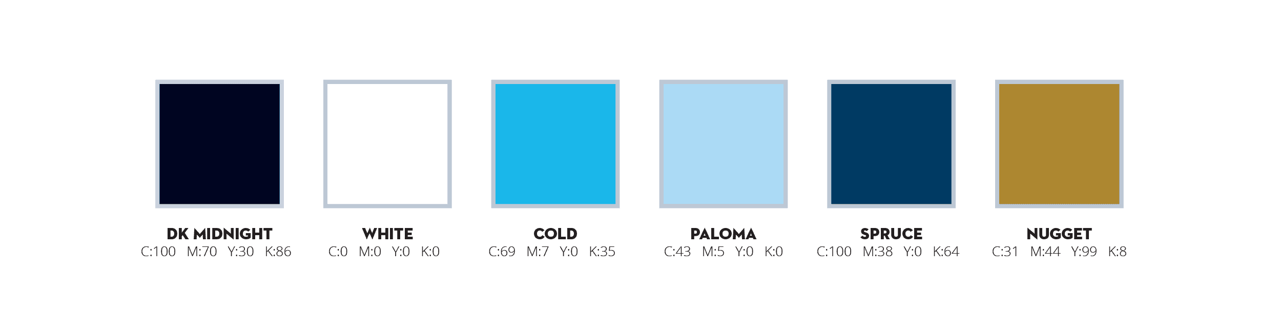 Swami’s production color swatches: DK Midnight, White, Cold, Paloma, Spruce, and Nugget, with CMYK values